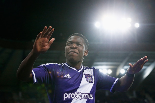 BRUSSELS, BELGIUM - FEBRUARY 23:  Aaron Leya Iseka of Anderlecht celebrates scoring the first goal of the game during the UEFA Youth League Round of 16 match between RSC Anderlecht and FC Barcelona held at Constant Vanden Stock Stadium on February 23, 2015 in Brussels, Belgium.  (Photo by Dean Mouhtaropoulos/Getty Images)