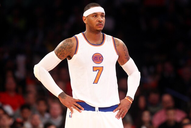 Dec 25, 2014; New York, NY, USA; New York Knicks small forward Carmelo Anthony (7) reacts during the third quarter against the Washington Wizards at Madison Square Garden. Mandatory Credit: Brad Penner-USA TODAY Sports