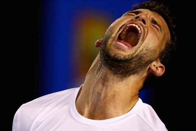 MELBOURNE, AUSTRALIA - JANUARY 25:   (EDITORS NOTE: This is a re-transmission of image #462134840 with an alternative crop) Grigor Dimitrov of Bulgaria celebrates a point in the second set in his fourth round match against  Andy Murray of Great Britain during day seven of the 2015 Australian Open at Melbourne Park on January 25, 2015 in Melbourne, Australia.  (Photo by Clive Brunskill/Getty Images)