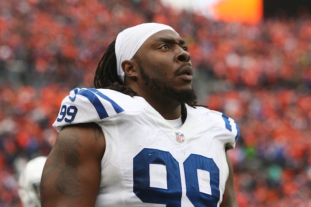 Jan 11, 2015; Denver, CO, USA; Indianapolis Colts defensive end Ricky Jean Francois (99) in the 2014 AFC Divisional playoff football game against the Denver Broncos at Sports Authority Field at Mile High. Mandatory Credit: Chris Humphreys-USA TODAY Sports