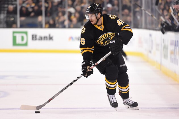 BOSTON, MA - FEBRUARY 08: David Krejci #46 of the Boston Bruins skates with the puck against the Montreal Canadiens at the TD Garden on February 8, 2015 in Boston, Massachusetts.  (Photo by Brian Babineau/NHLI via Getty Images)