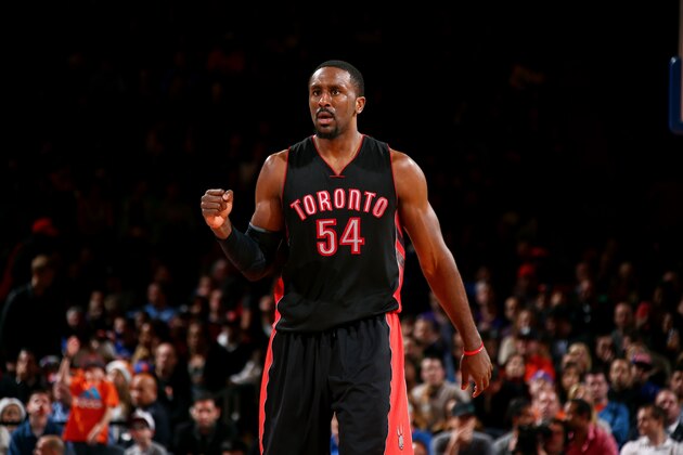 NEW YORK, NY - DECEMBER 14: Patrick Patterson #54 of the Toronto Raptors celebrates during a game against the New York Knicks at Madison Square Garden on December 14, 2014 in New York City, New York. NOTE TO USER: User expressly acknowledges and agrees that, by downloading and or using this photograph, User is consenting to the terms and conditions of the Getty Images License Agreement. Mandatory Copyright Notice: Copyright 2014 NBAE (Photo by Nathaniel S. Butler/NBAE via Getty Images)