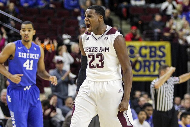Jan 10, 2015; College Station, TX, USA; Texas A&M Aggies guard Danuel House (23) reacts after scoring during the first half against the Kentucky Wildcats at Reed Arena. Mandatory Credit: Troy Taormina-USA TODAY Sports