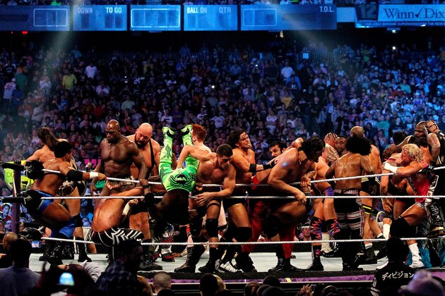 Wrestlers fight in the Andre the Giant Memorial Battle Royal during Wrestlemania XXX at the Mercedes-Benz Super Dome in New Orleans on Sunday, April 6, 2014. (Jonathan Bachman/AP Images for WWE)