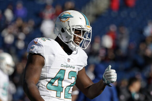 Miami Dolphins tight end Charles Clay (42) warms up on the field before an NFL football game against the New England Patriots, Sunday, Dec. 14, 2014, in Foxborough, Mass. (AP Photo/Steven Senne)