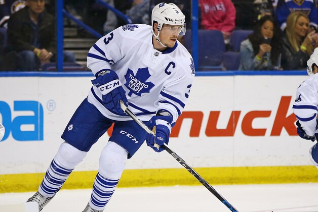 Toronto Maple Leafs' Dion Phaneuf in action during the second period of an NHL hockey game against the St. Louis Blues, Saturday, Jan. 17, 2015, in St. Louis. The Blues won the game 3-0. (AP Photo/Billy Hurst)
