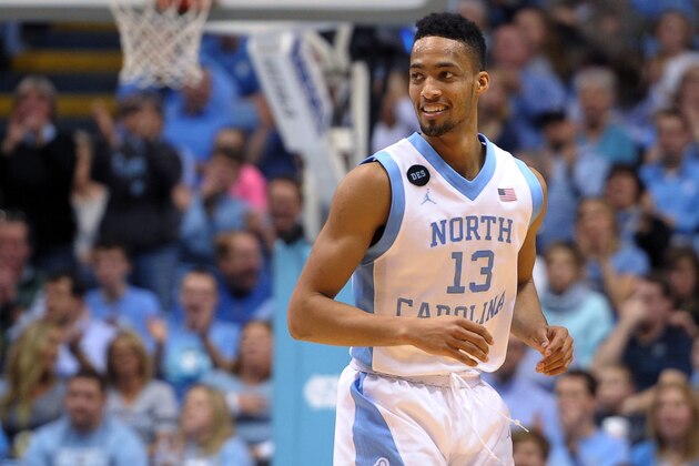 CHAPEL HILL, NC - FEBRUARY 21: J.P. Tokoto #13 of the North Carolina Tar Heels reacts following a play against the Georgia Tech Yellow Jackets at the Dean Smith Center on February 21, 2015 in Chapel Hill, North Carolina. North Carolina defeated Georgia Tech 89-60. (Photo by Lance King/Getty Images)