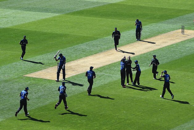 WELLINGTON, NEW ZEALAND - FEBRUARY 20:  Tim Southee of New Zealand celebrates the wicket of Steven Finn of England during the 2015 ICC Cricket World Cup match between England and New Zealand at Wellington Regional Stadium on February 20, 2015 in Wellington, New Zealand.  (Photo by Shaun Botterill/Getty Images)
