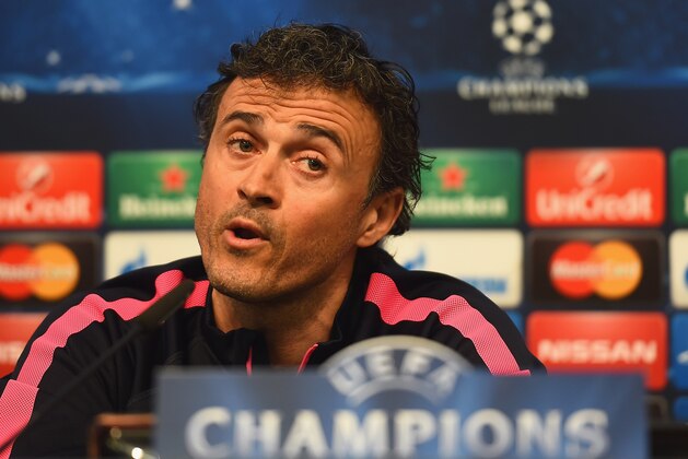 MANCHESTER, ENGLAND - FEBRUARY 23:  Manager Luis Enrique of Barcelona speaks during a Barcelona press conference ahead of the UEFA Champions League round of 16 first leg match against Manchester City at Etihad Stadium on February 23, 2015 in Manchester, United Kingdom.  (Photo by Laurence Griffiths/Getty Images)