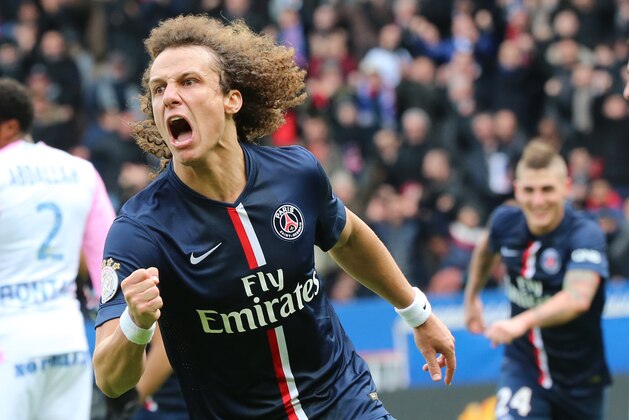 Paris Saint Germain's  Brazilian David Luiz  reacts after scoring during their League One soccer match between Paris Saint Germain and Evian Thonon at Parc des Princes stadium, in Paris, Sunday, Jan. 18, 2015. (AP Photo/Jacques Brinon)