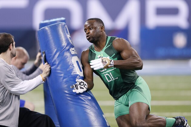 INDIANAPOLIS, IN - FEBRUARY 22: Defensive lineman Owamagbe Odighizuwa of UCLA competes during the 2015 NFL Scouting Combine at Lucas Oil Stadium on February 22, 2015 in Indianapolis, Indiana. (Photo by Joe Robbins/Getty Images)