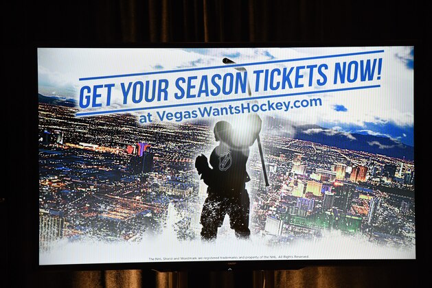 LAS VEGAS, NV - FEBRUARY 10:  A television shows an advertisement from Hockey Vision Las Vegas during a news conference at the MGM Grand Hotel & Casino announcing the launch of a season ticket drive to try to gauge if there is enough interest in Las Vegas to support an NHL team on February 10, 2015 in Las Vegas, Nevada. A Las Vegas franchise would play in a USD 375 million, 20,000-seat arena being built on the Strip by MGM Resorts International and AEG that is scheduled to open in the spring of 2016.  (Photo by Ethan Miller/Getty Images)