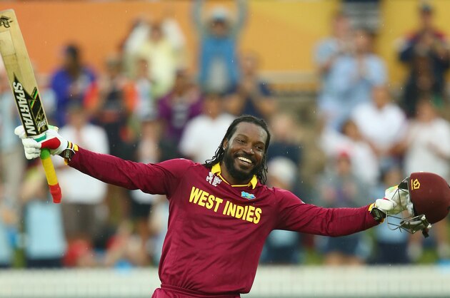 CANBERRA, AUSTRALIA - FEBRUARY 24:  Chris Gayle of West Indies celebrates his double century during the 2015 ICC Cricket World Cup match between the West Indies and Zimbabwe at Manuka Oval on February 24, 2015 in Canberra, Australia.  (Photo by Mark Kolbe/Getty Images)