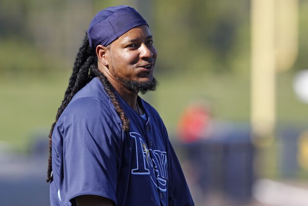 Tampa Bay Rays Manny Ramirez prior to a spring training baseball game in Port Charlotte, Fla., Friday, March 18, 2011.(AP Photo/Charles Krupa)