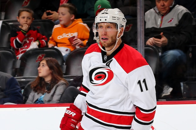 NEWARK, NJ - FEBRUARY 21:  Jordan Staal #11 of the Carolina Hurricanes celebrates a goal in the third period against the New Jersey Devils on February 21, 2015 at the Prudential Center in Newark, New Jersey.The New Jersey Devils defeated the Carolina Hurricanes 3-1.  (Photo by Elsa/Getty Images)