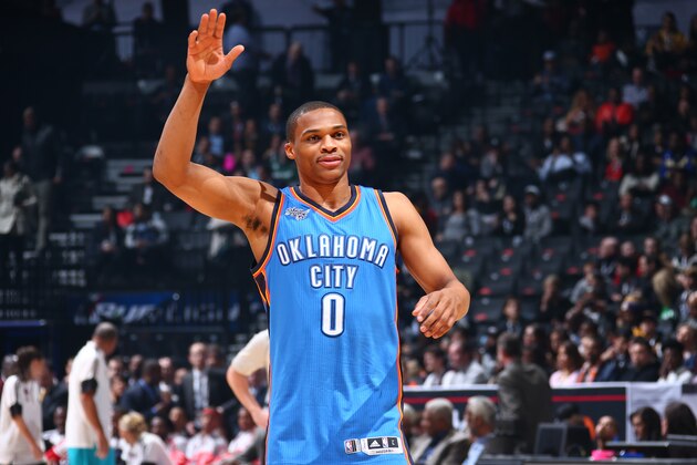 BROOKLYN, NY - FEBRUARY 14:  Russell Westbrook #0 of the Oklahoma City Thunder waves during the Degree Shooting Stars on State Farm All-Star Saturday Night as part of the 2015 NBA All-Star Weekend on February 14, 2015 at Barclays Center in Brooklyn, New York. NOTE TO USER: User expressly acknowledges and agrees that, by downloading and/or using this photograph, user is consenting to the terms and conditions of the Getty Images License Agreement.  Mandatory Copyright Notice: Copyright 2015 NBAE (Photo by Nathaniel S. Butler/NBAE via Getty Images)