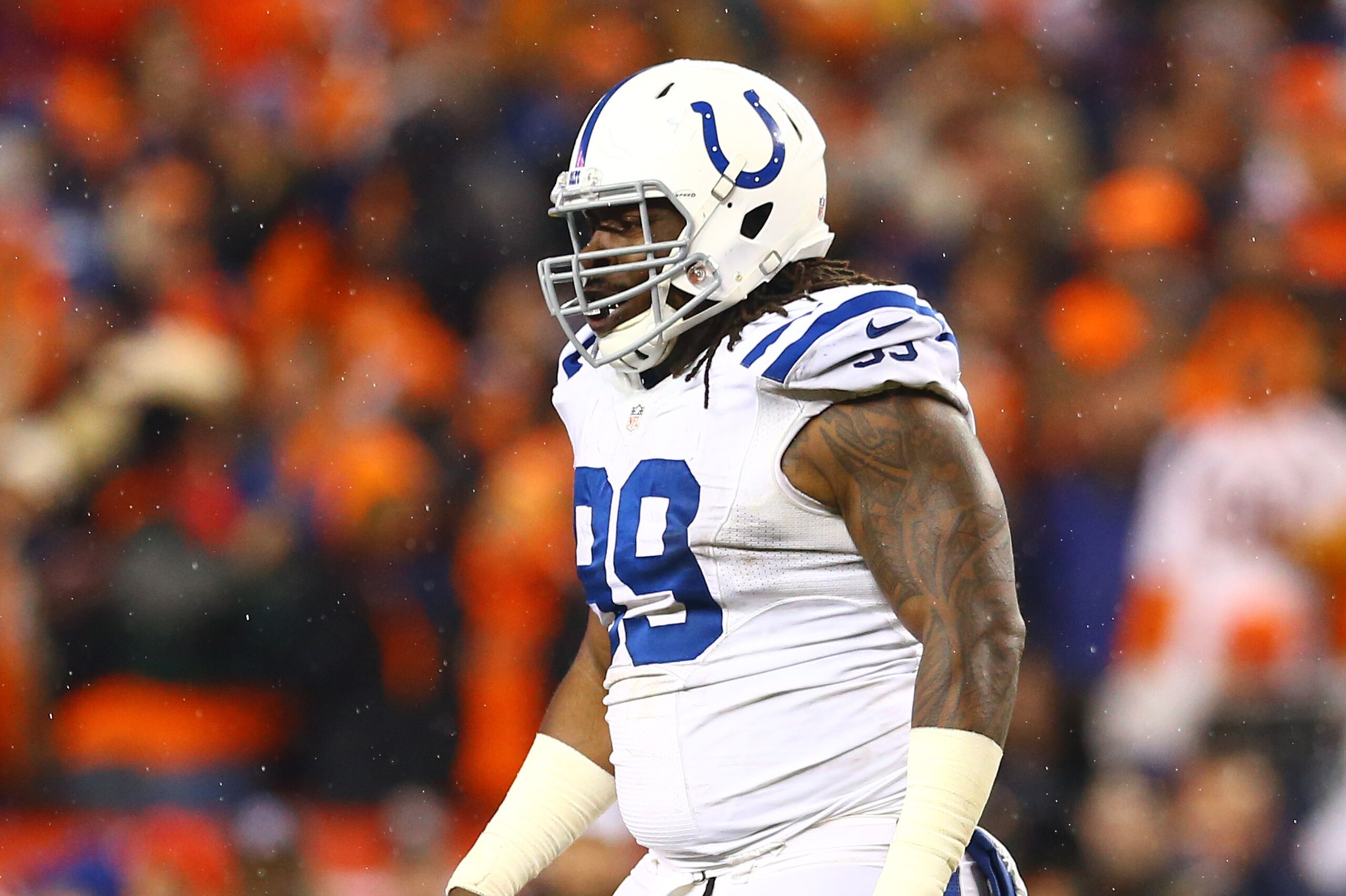 Jan 11, 2015; Denver, CO, USA; Indianapolis Colts defensive end Ricky Jean Francois (99) against the Denver Broncos in the 2014 AFC Divisional playoff football game at Sports Authority Field at Mile High. The Colts defeated the Broncos 24-13. Mandatory Credit: Mark J. Rebilas-USA TODAY Sports