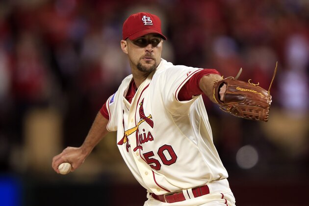 ST LOUIS, MO - OCTOBER 11:  Adam Wainwright #50 of the St. Louis Cardinals pitches against the San Francisco Giants during Game One of the National League Championship Series at Busch Stadium on October 11, 2014 in St Louis, Missouri.  (Photo by Jamie Squire/Getty Images)