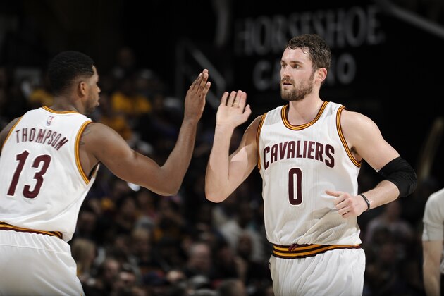 CLEVELAND, OH - FEBRUARY 11:  Kevin Love #0 and Tristan Thompson #13 of the Cleveland Cavaliers during the game against the Miami Heat on February 11, 2015 at Quicken Loans Arena in Cleveland, Ohio. NOTE TO USER: User expressly acknowledges and agrees that, by downloading and/or using this Photograph, user is consenting to the terms and conditions of the Getty Images License Agreement. Mandatory Copyright Notice: Copyright 2015 NBAE (Photo by David Liam Kyle/NBAE via Getty Images)