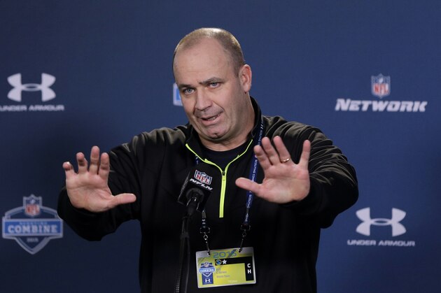 Houston Texans coach Bill O'Brien answers a question during a news conference at the NFL football scouting combine in Indianapolis, Thursday, Feb. 19, 2015. (AP Photo/David J. Phillip)