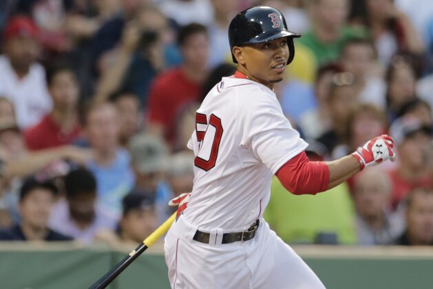Boston Red Sox center fielder Mookie Betts (50) during a baseball game at Fenway Park in Boston, Monday, June 30, 2014. (AP Photo/Charles Krupa)