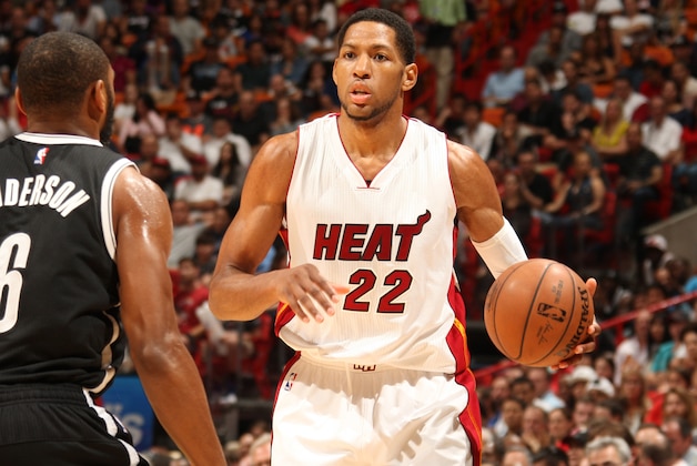 MIAMI, FL - JANUARY 4: Danny Granger #22 of the Miami Heat handles the ball against the Brooklyn Nets on January 4, 2015 at American Airlines Arena in Miami, Florida. NOTE TO USER: User expressly acknowledges and agrees that, by downloading and or using this Photograph, user is consenting to the terms and conditions of the Getty Images License Agreement. Mandatory Copyright Notice: Copyright 2014 NBAE (Photo by Isaac Baldizon/NBAE via Getty Images)