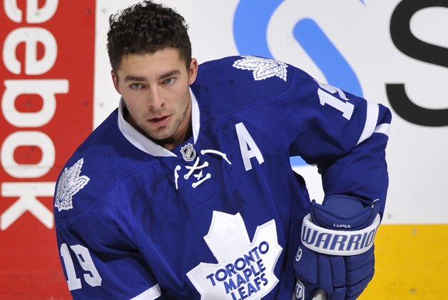 TORONTO, ON - DECEMBER 9:  Joffrey Lupul #19 of the Toronto Maple Leafs skates during warm up prior to NHL game action against the Calgary Flames December 9, 2014 at the Air Canada Centre in Toronto, Ontario, Canada. (Photo by Graig Abel/NHLI via Getty Images)