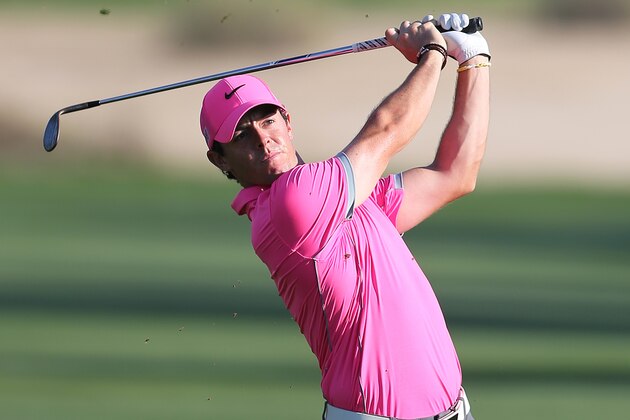 Rory McIlroy of Northern Ireland plays a ball on the16th hole during round two of the Dubai Desert Classic golf tournament in Dubai, United Arab Emirates, Friday, Jan. 30, 2015. (AP Photo/Kamran Jebreili)