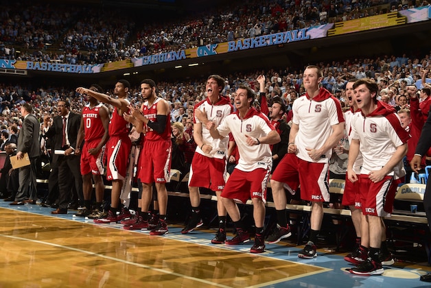 Feb 24, 2015; Chapel Hill, NC, USA; North Carolina State Wolfpack bench reacts in the second half. The North Carolina State Wolfpack defeated the North Carolina Tar Heels 58-46 at Dean E. Smith Center. Mandatory Credit: Bob Donnan-USA TODAY Sports