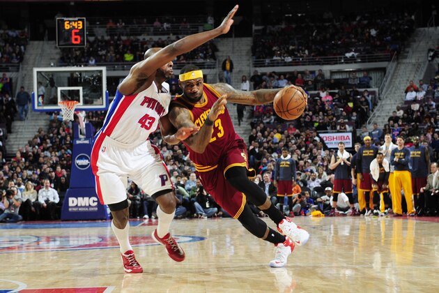 DETROIT, MI - FEBRUARY 24: LeBron James #23 of the Cleveland Cavaliers drives to the basket against Anthony Tolliver #43 of the Detroit Pistons during the game on February 24, 2015 at The Palace of Auburn in Hills in Detroit, Michigan. NOTE TO USER: User expressly acknowledges and agrees that, by downloading and/or using this photograph, User is consenting to the terms and conditions of the Getty Images License Agreement. Mandatory Copyright Notice: Copyright 2015 NBAE (Photo by Allen Einstein/NBAE via Getty Images)