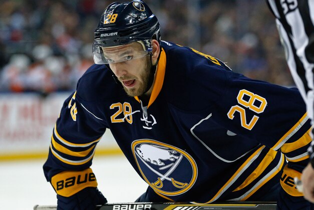 Feb 15, 2015; Buffalo, NY, USA; Buffalo Sabres center Zemgus Girgensons (28) during the game against the Philadelphia Flyers at First Niagara Center. Mandatory Credit: Kevin Hoffman-USA TODAY Sports