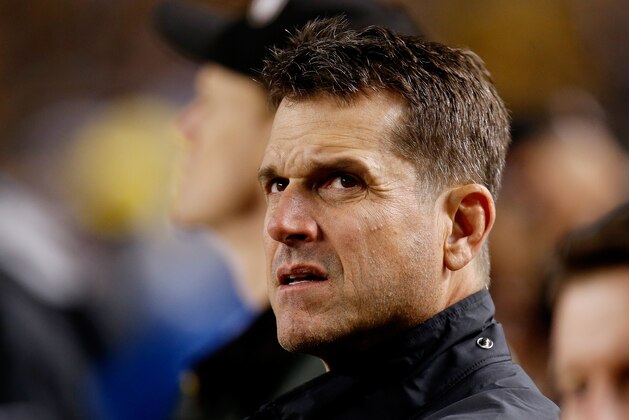 PITTSBURGH, PA - JANUARY 03:  Michigan head coach Jim Harbaugh attends the AFC Wild Card game between the Pittsburgh Steelers and the Baltimore Ravens at Heinz Field on January 3, 2015 in Pittsburgh, Pennsylvania.  (Photo by Gregory Shamus/Getty Images)
