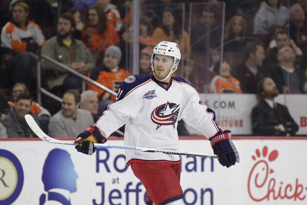Columbus Blue Jackets' James Wisniewski in action during an NHL hockey game against the Philadelphia Flyers, Tuesday, Feb. 17, 2015, in Philadelphia. (AP Photo/Matt Slocum)