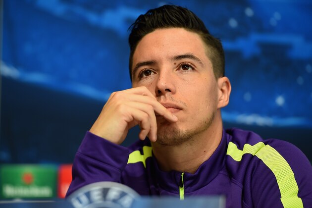 MANCHESTER, ENGLAND - FEBRUARY 23:  Samir Nasri of Manchester City attends a Manchester City press conference ahead of the UEFA Champions League round of 16 first leg match against Barcelona at Etihad Campus on February 23, 2015 in Manchester, England.  (Photo by Laurence Griffiths/Getty Images)