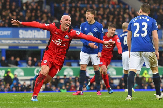 LIVERPOOL, ENGLAND - FEBRUARY 22:  Esteban Cambiasso of Leicester City celebrates as he scores their second goal during the Barclays Premier League match between Everton and Leicester City at Goodison Park on February 22, 2015 in Liverpool, England.  (Photo by Michael Regan/Getty Images)