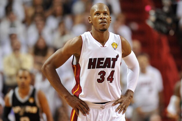 Jun 10, 2014; Miami, FL, USA; Miami Heat guard Ray Allen (34) reacts during the fourth quarter of game three of the 2014 NBA Finals against the San Antonio Spurs at American Airlines Arena. Mandatory Credit: Steve Mitchell-USA TODAY Sports