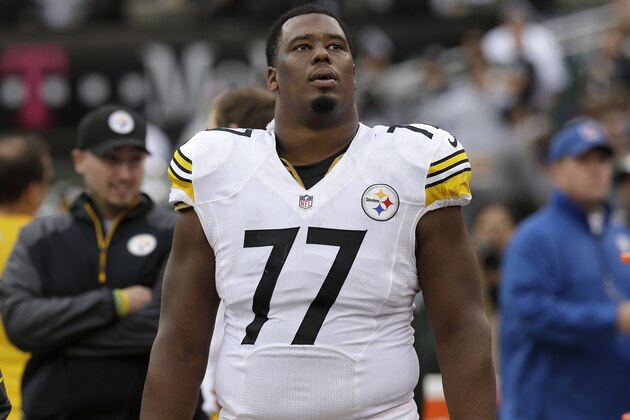 Pittsburgh Steelers tackle Marcus Gilbert (77) walks on the sideline during the fourth quarter of an NFL football game against the Oakland Raiders in Oakland, Calif., Sunday, Oct. 27, 2013. (AP Photo/Ben Margot)