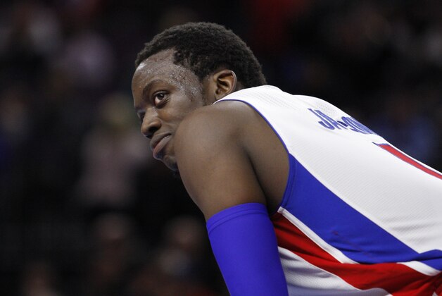Feb 24, 2015; Auburn Hills, MI, USA; Detroit Pistons guard Reggie Jackson (1) smiles during the fourth quarter against the Cleveland Cavaliers at The Palace of Auburn Hills. Cavs beat the Pistons 102-93.  Mandatory Credit: Raj Mehta-USA TODAY Sports