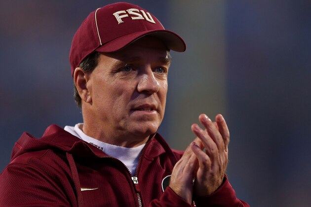 CHARLOTTE, NC - DECEMBER 06: Florida State Seminoles head coach Jimbo Fisher evaluates his team before the game against the Georgia Tech Yellow Jackets at the ACC Championship game on December 6, 2014 in Charlotte, North Carolina. (Photo by Mike Ehrmann/Getty Images)