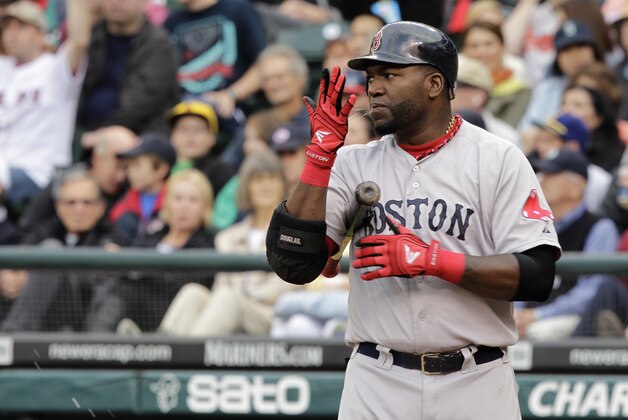 Boston Red Sox's David Ortiz spits on his hand before he takes the plate against Seattle Mariners during a baseball game, Saturday, June 30, 2012, in Seattle. Ortiz did not homer during the game, and remained at 399 career home runs. (AP Photo/Ted S. Warren)