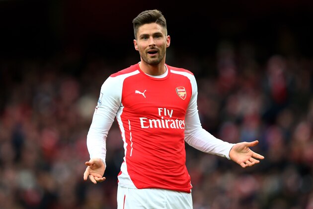 LONDON, ENGLAND - FEBRUARY 01:  Olivier Giroud of Arsenal gestures during the Barclays Premier League match between Arsenal and Aston Villa at the Emirates Stadium on February 1, 2015 in London, England.  (Photo by Clive Mason/Getty Images)