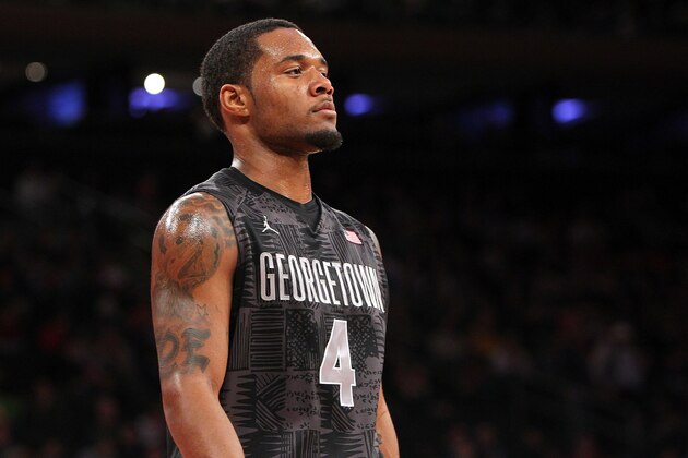 NEW YORK, NY - FEBRUARY 01:  D'Vauntes Smith-Rivera #4 of the Georgetown Hoyas looks on during the game against the Michigan State Spartans at Madison Square Garden on February 1, 2014 in New York City.  (Photo by Nate Shron/Getty Images)