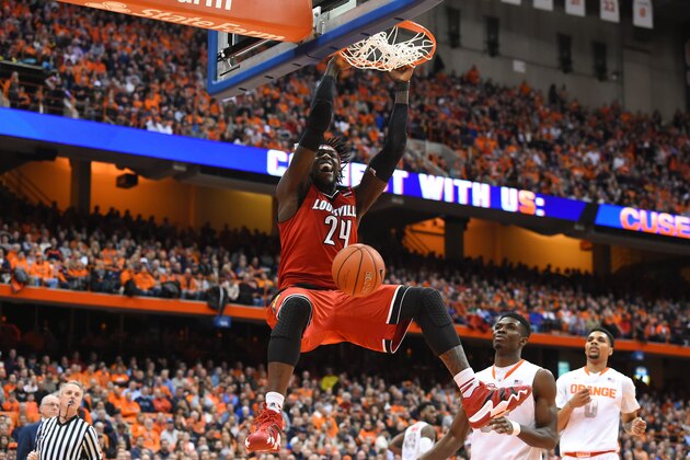SYRACUSE, NY - FEBRUARY 18: Montrezl Harrell #24 of the Louisville Cardinals dunks the ball against the Syracuse Orange during the first half at the Carrier Dome on February 18, 2015 in Syracuse, New York. (Photo by Rich Barnes/Getty Images)