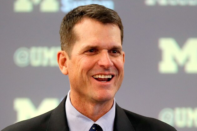 ANN ARBOR, MI - DECEMBER 30:  Jim Harbaugh speaks as he is introduced as the new Head Coach of the University of Michigan football team at the Junge Family Champions Center on December 30, 2014 in Ann Arbor, Michigan.  (Photo by Gregory Shamus/Getty Images)
