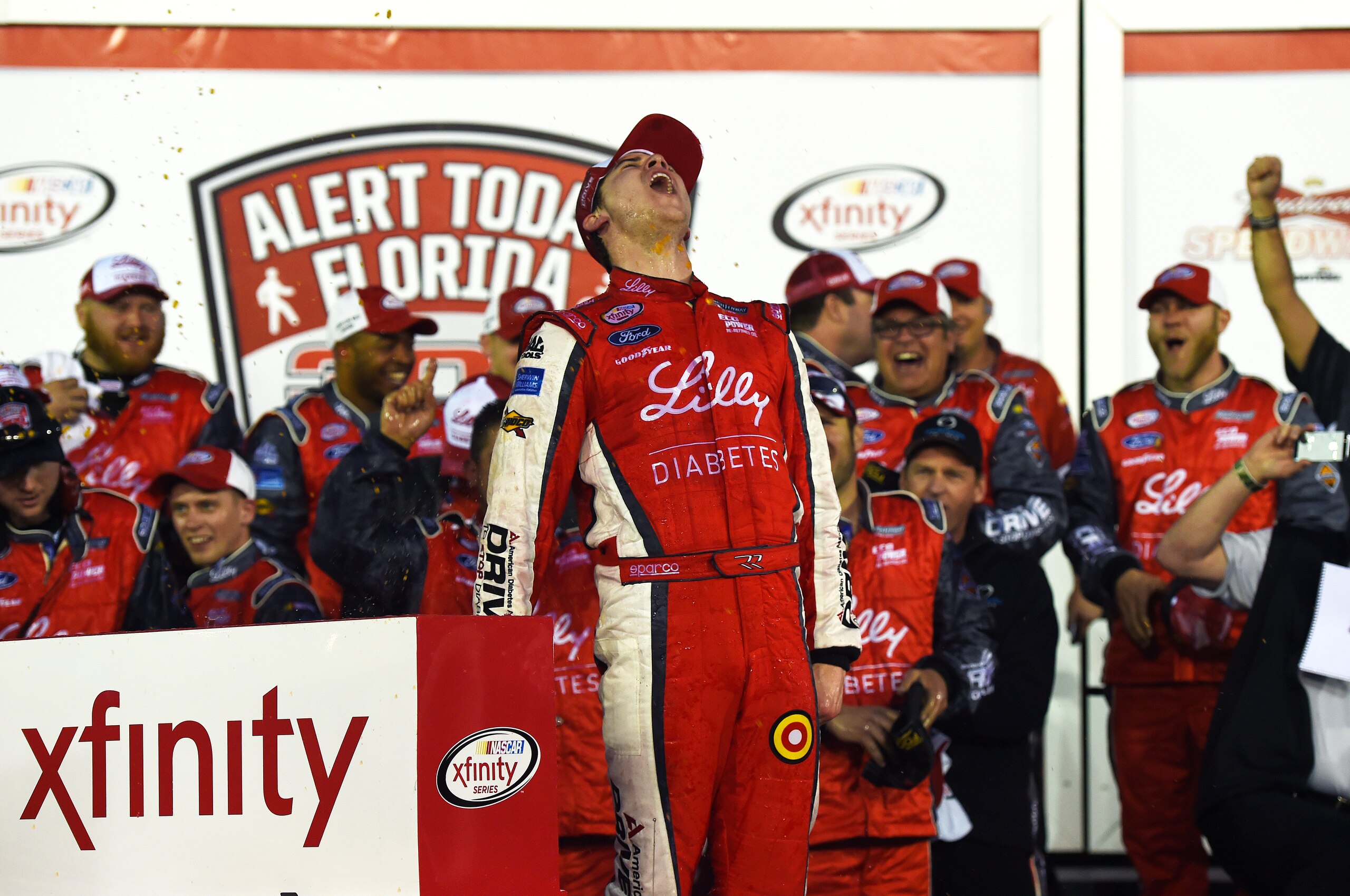 DAYTONA BEACH, FL - FEBRUARY 21: Ryan Reed, driver of the #16 Lilly/American Diabetes Association Ford, celebrates in victory lane after winning the NASCAR XFINITY Series Alert Today Florida 300 at Daytona International Speedway on February 21, 2015 in Daytona Beach, Florida. (Photo by Robert Laberge/Getty Images) DAYTONA BEACH, FL - FEBRUARY 21: Ryan Reed, driver of the #16 Lilly/American Diabetes Association Ford, celebrates in victory lane after winning the NASCAR XFINITY Series Alert Today Florida 300 at Daytona International Speedway on February 21, 2015 in Daytona Beach, Florida. (Photo by Robert Laberge/Getty Images)