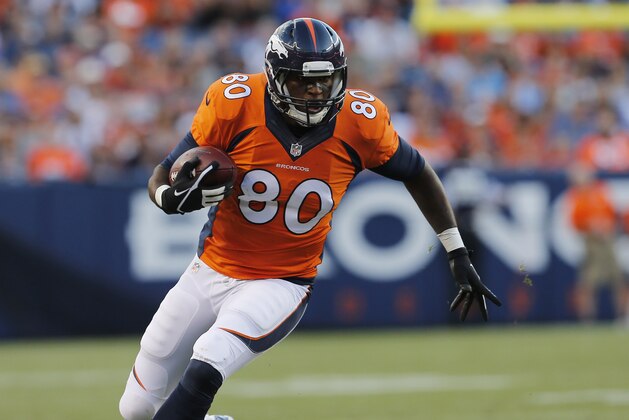 Denver Broncos tight end Julius Thomas (80) runs against the Houston Texans during an NFL preseason football game, Saturday, Aug. 23, 2014, in Denver. (AP Photo/Joe Mahoney)