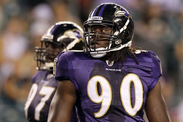 PHILADELPHIA, PA - AUGUST 11:  Pernell McPhee #90 of the Baltimore Ravens in action against the Philadelphia Eagles during their pre season game on August 11, 2011 at Lincoln Financial Field in Philadelphia, Pennsylvania.  (Photo by Jim McIsaac/Getty Images)