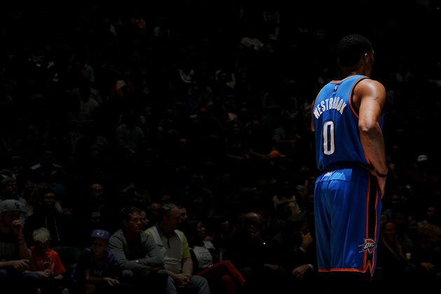 DENVER, CO - FEBRUARY 9: Russell Westbrook #0 of the Oklahoma City Thunder stands on the court during a game against the Denver Nuggets on February 9, 2015 at the Pepsi Center in Denver, Colorado. NOTE TO USER: User expressly acknowledges and agrees that, by downloading and/or using this Photograph, user is consenting to the terms and conditions of the Getty Images License Agreement. Mandatory Copyright Notice: Copyright 2015 NBAE (Photo by Bart Young/NBAE via Getty Images)