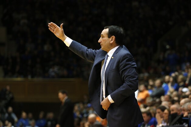 Duke head coach Mike Krzyzewski on the sidelines during the second half of an NCAA college basketball game against Clemson, Saturday, Feb. 21, 2015.  in Durham, N.C.(AP Photo/Karl B DeBlaker)