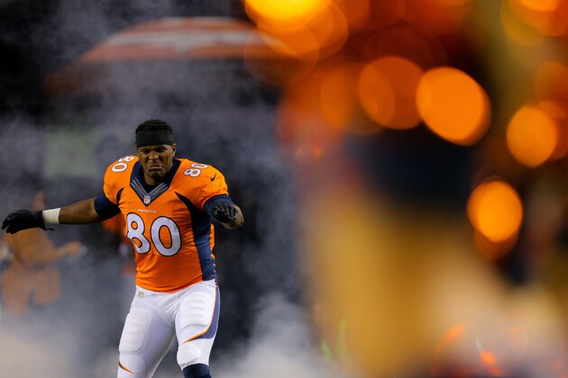 DENVER, CO - OCTOBER 23:  Tight end Julius Thomas #80 of the Denver Broncos runs onto the field during player introductions before a game against the San Diego Chargers at Sports Authority Field at Mile High on October 23, 2014 in Denver, Colorado.  (Photo by Justin Edmonds/Getty Images)